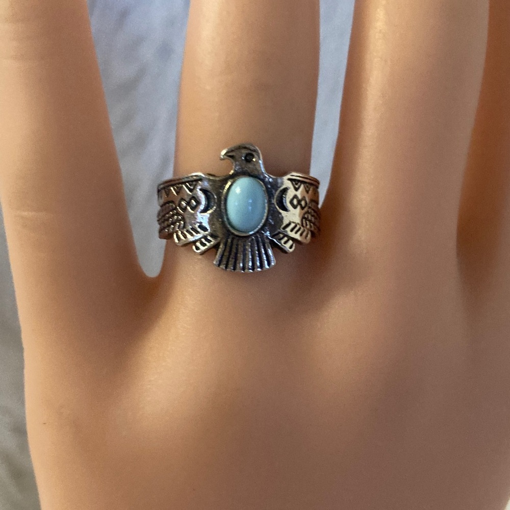 Silver Eagle Ring with Blue Stone Size 7